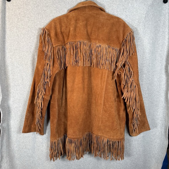 Leather Jacket Womens XL Fringe Brown Button Front Longline 70s Western - Picture 4 of 10
